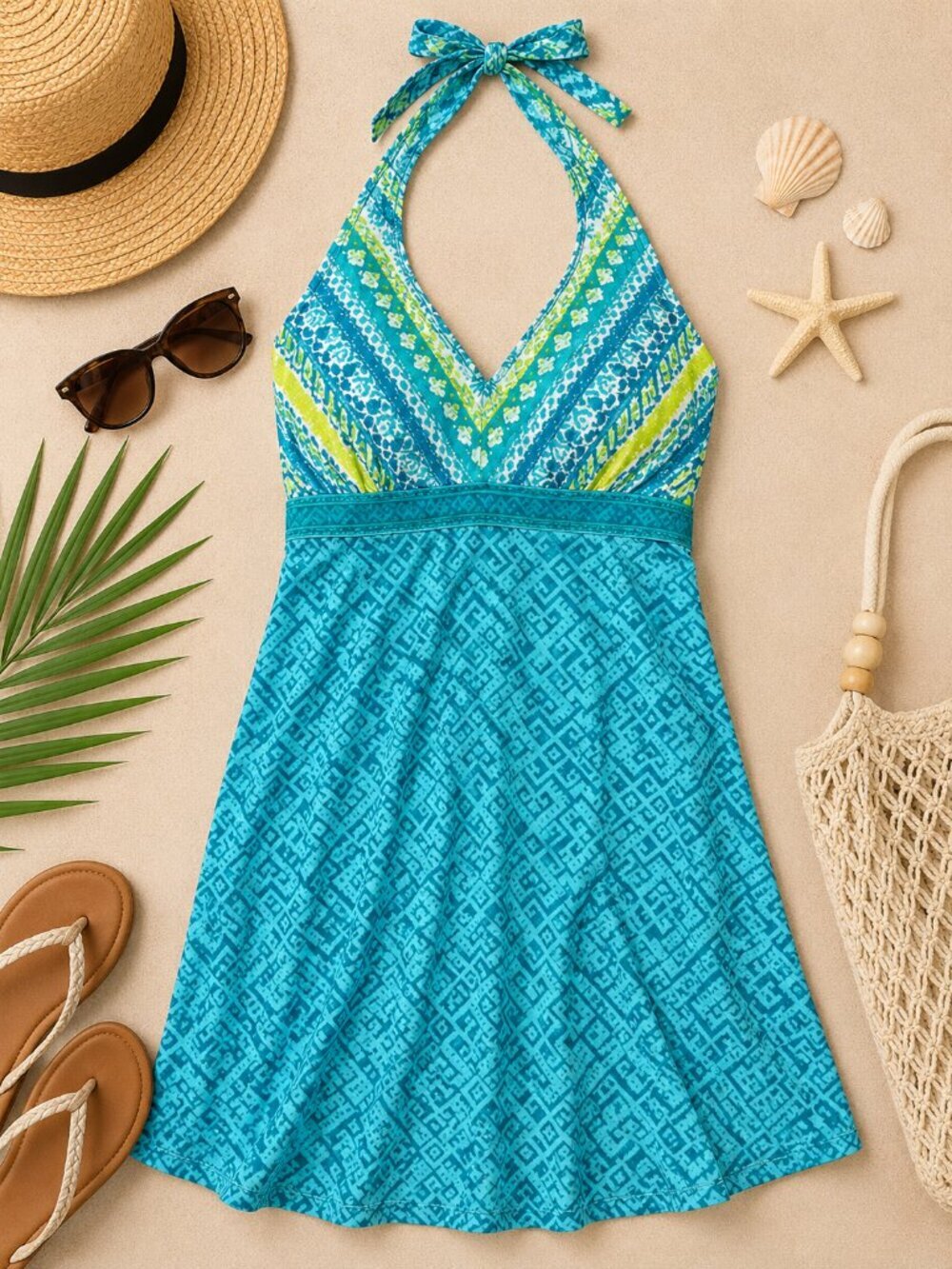 Athleta Halter Swim Dress Cover Up Size 12 Blue Turquoise Geometric Ruched Shelf